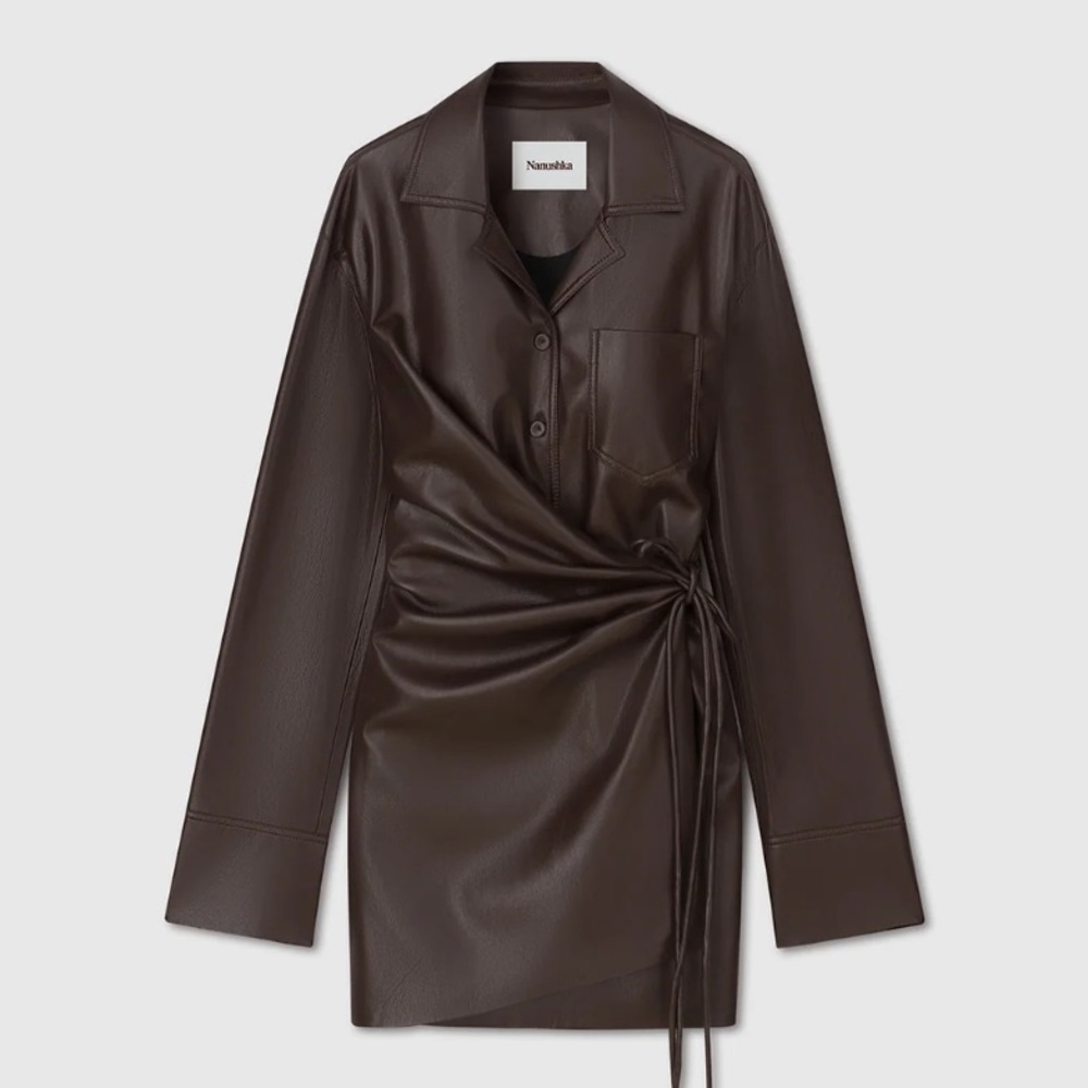 Nanushka alt-leather chocolate brown wrap dress size XS lined